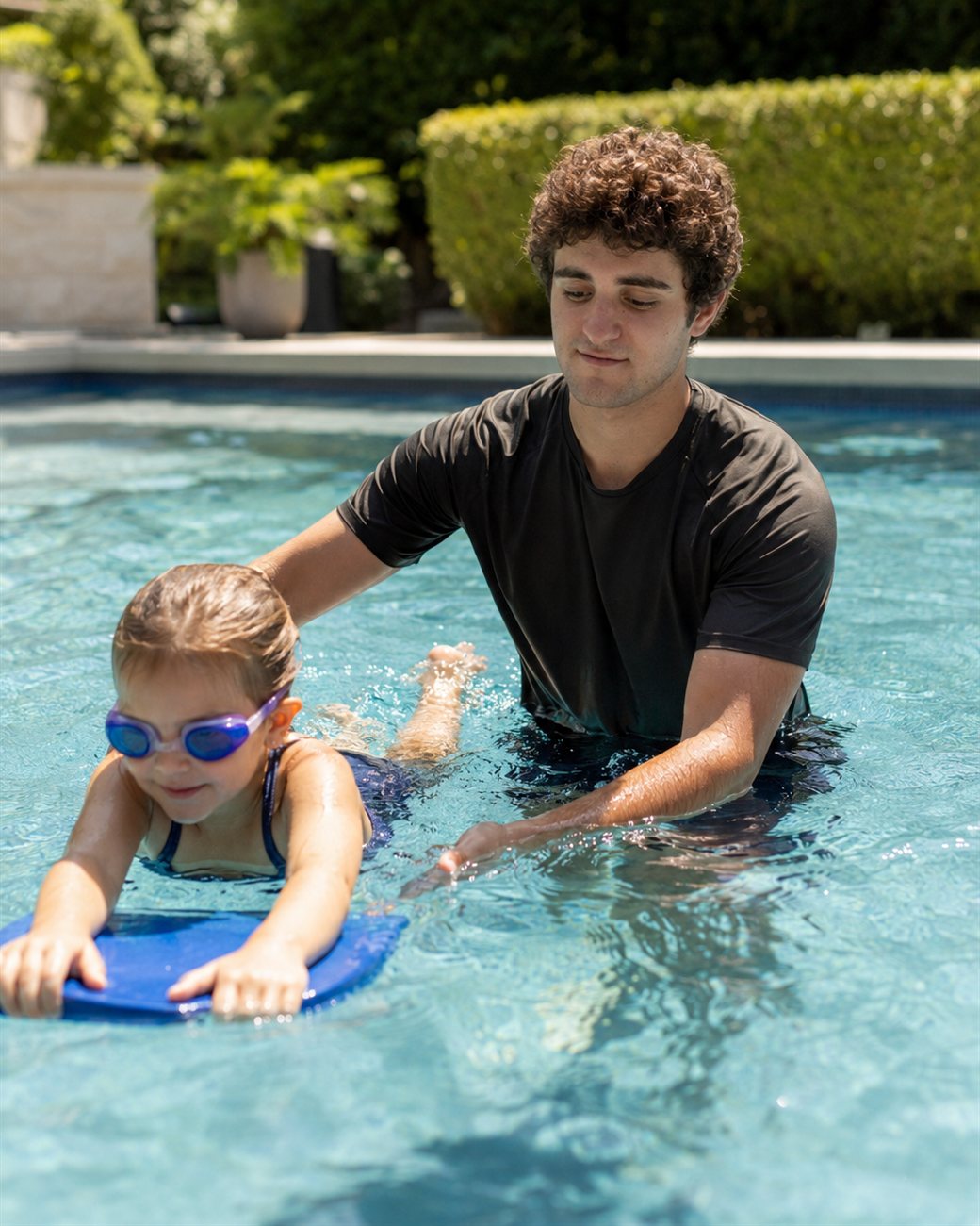 Benjamin guiding a young girl learning to kick with a kickboard during a private backyard-pool lesson