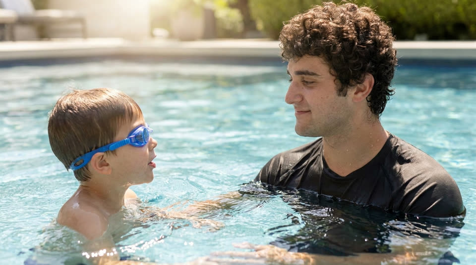 Ben face-to-face with a young swimmer during a one-on-one lesson in bright pool water